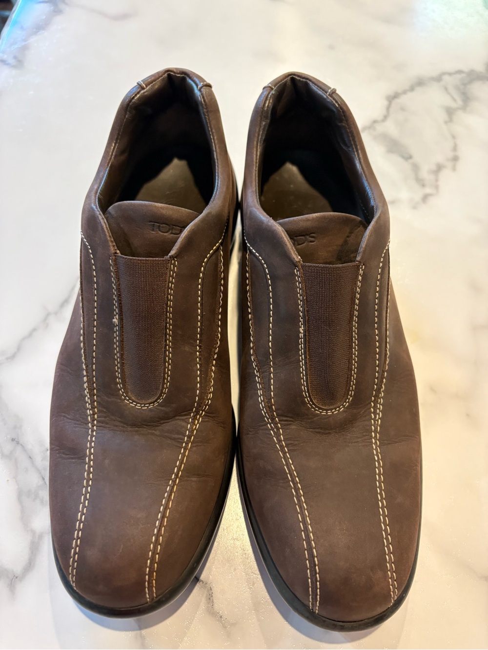Tod's Dark Brown Leather Slip-On Driving Loafers with Contrast Stitching